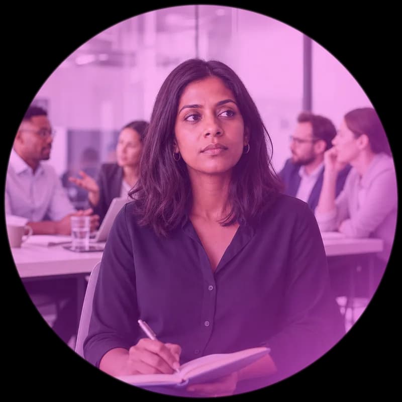 A professional sits with a notebook while a meeting continues without their idea being heard